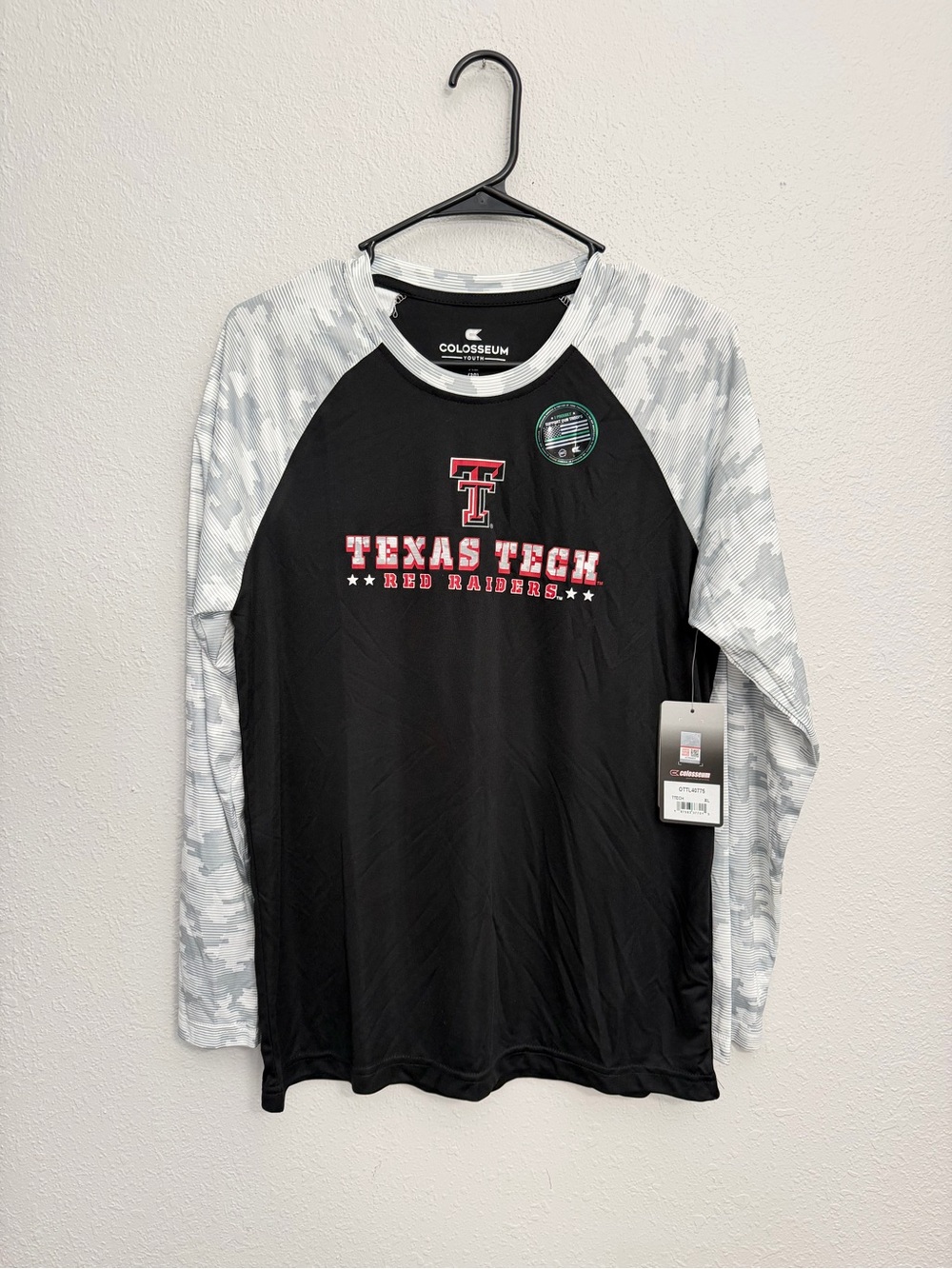 Colosseum Texas Tech Black Long-Sleeve Raglan with White Camo Sleeves